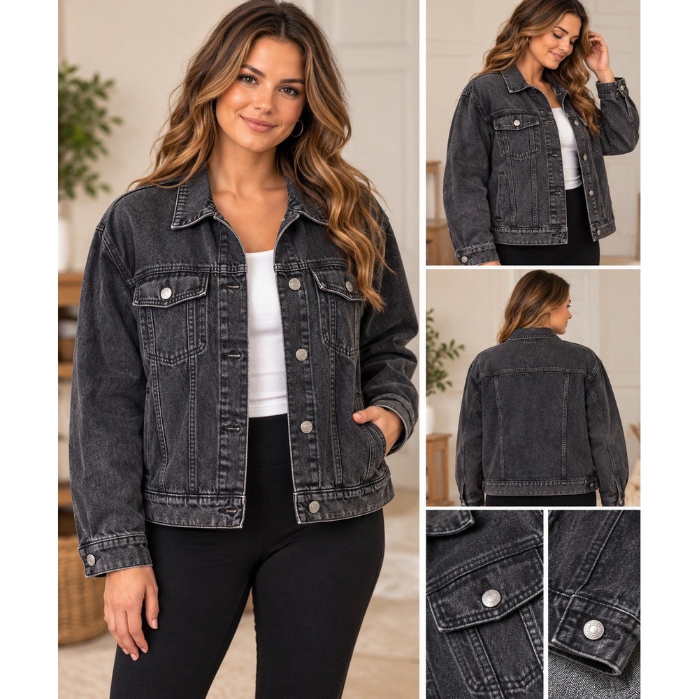 Old Navy Womens 2X Black Washed Denim Jean Jacket Trucker 100% Cotton 541382-00